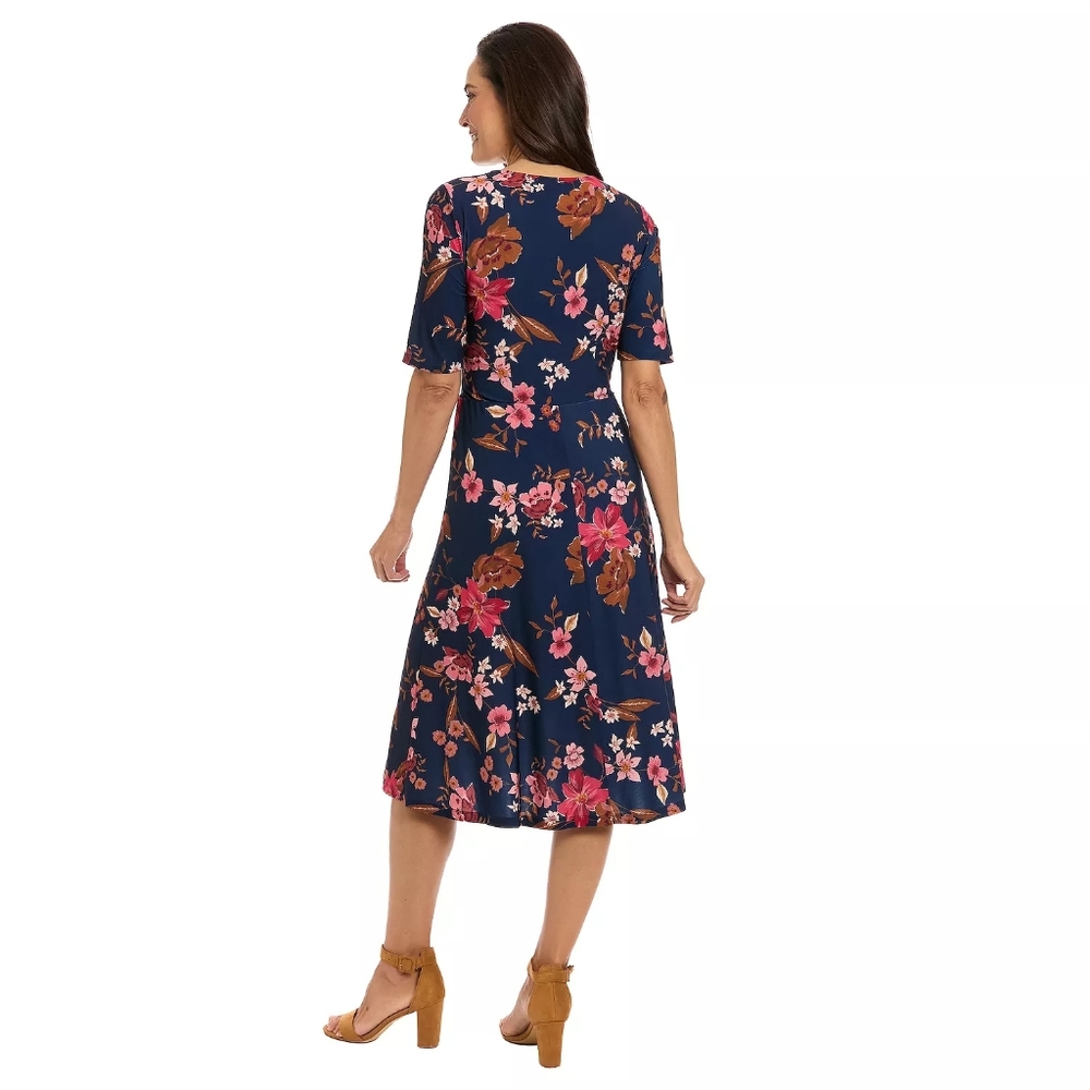 NWT-London Times Navy/Red Floral Elbow Sleeve Side Tie Fit & Flare Midi Dress-14 - Picture 3 of 16